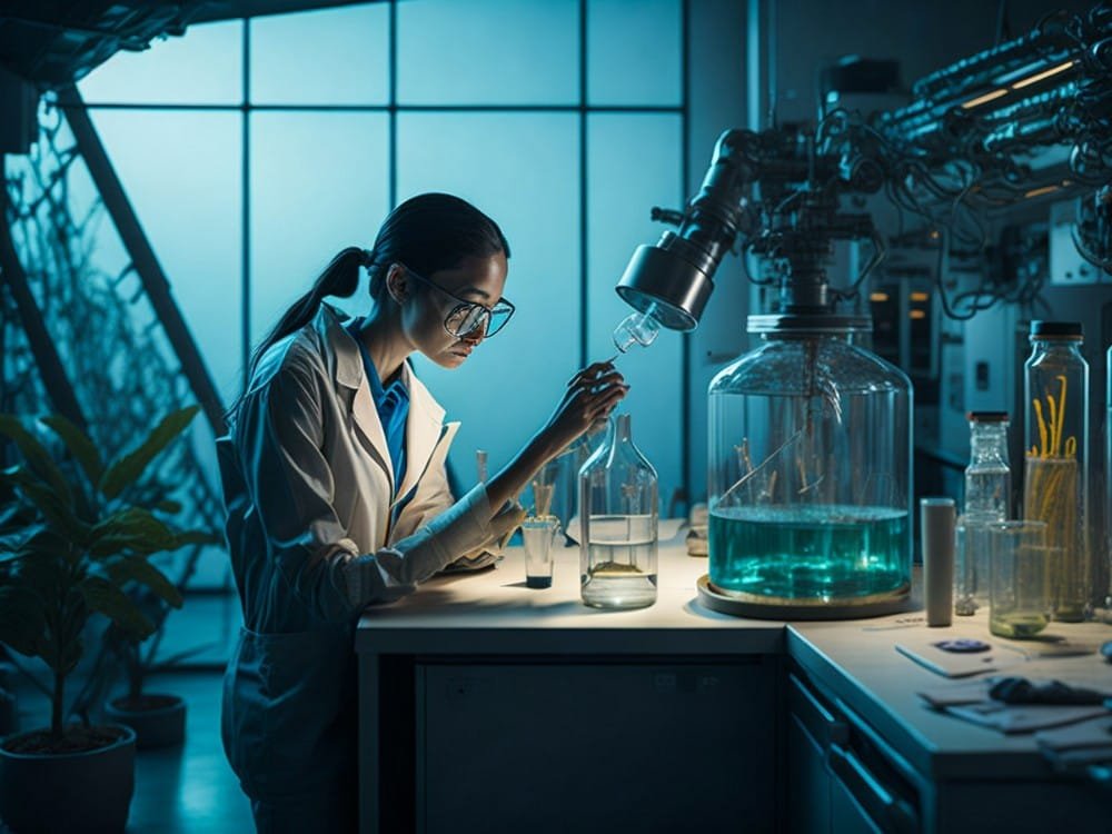 lovely little girl scientist enjoy excite examine color chemical laboratory by using d